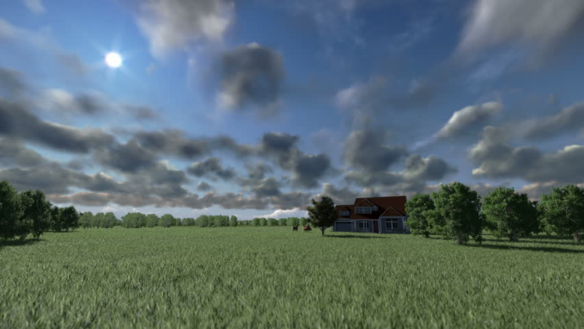 House on green meadow and horses, timelapse clouds