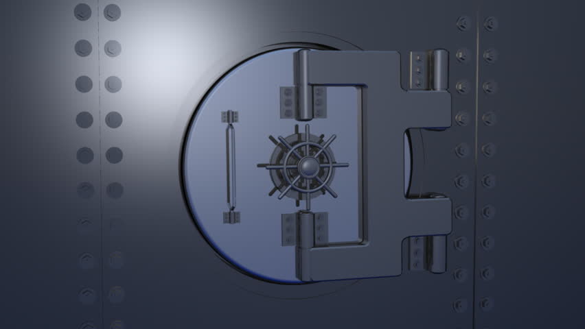 Computer-generated 3D animation depicting a gold Euro symbol inside a bank vault (concept: wealth)