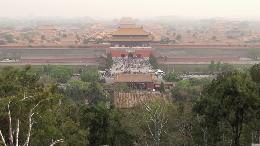 Fast motion of Aerial view of Forbidden City in foggy day, Beijing, China