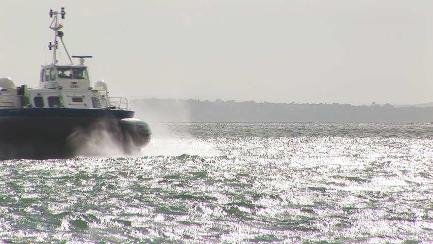 Hovercraft in the Solent arriving Portsmouth, UK
