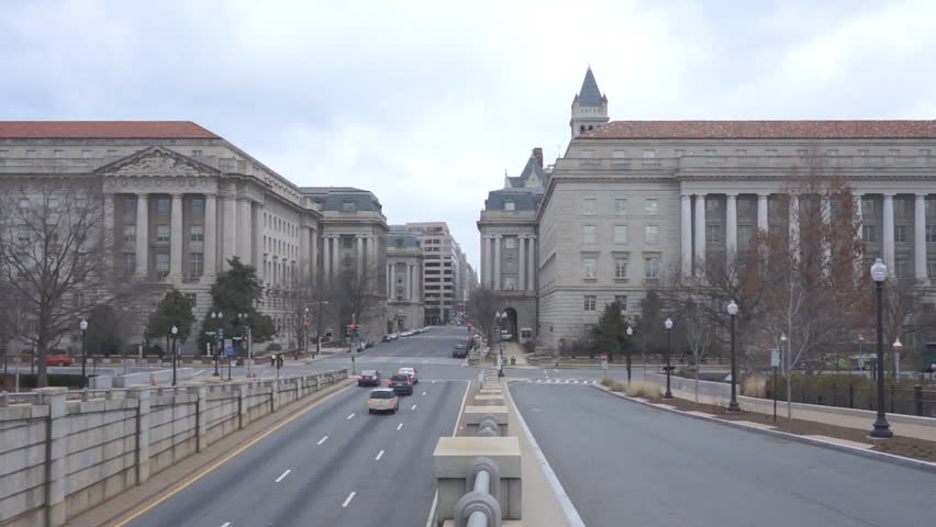 View from 12th Street at Constitution Avenue with US Internal Revenue Service and EPA office buildings in Washington DC