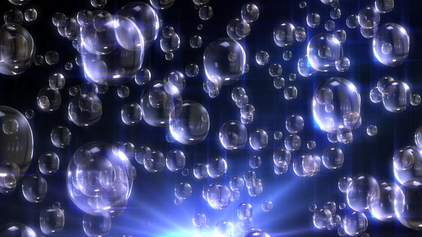 Varied sized bubbles floating to top of screen, rotating and reflecting