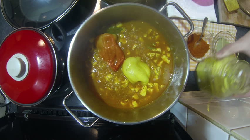 Cooking. Chef adding paprika and seasoning to chicken stew in pot on stove. HD1080p.