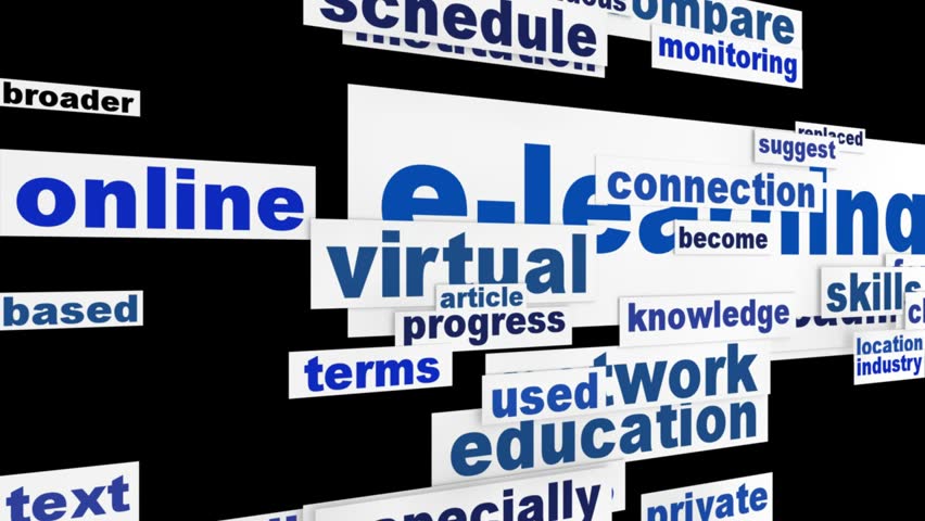 E-learning word clouds message. Online learning new educationsl technology design