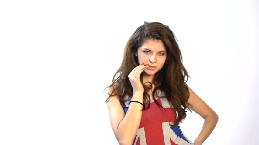 HD1080p25 Sexy woman looking, posing in union jack shirt