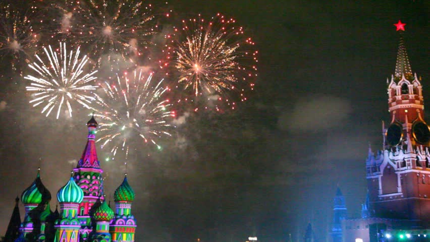 MOSCOW - SEP 4: Fireworks above Saint Basil Church and Spasskaya Tower top in Red Square, on Sep 4, 2011 in Moscow, Russia.