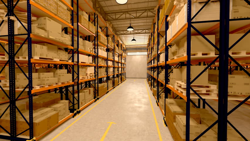 Warehouse interior 3d loopable animation. Camera is moving forward.