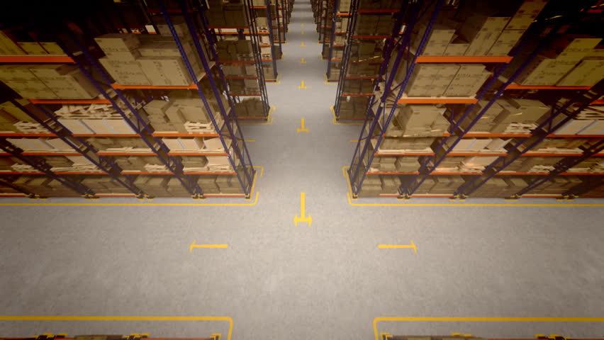 Warehouse interior 3d loopable animation. Camera is moving forward.