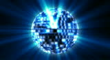 Spinning disco ball with blue shinny streaks of light hitting the mirrors.  Video is seamlessly looping.