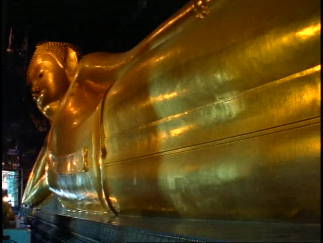 Temple of the Reclining Buddha, The Golden Buddha, wide shot pan left of long gold body