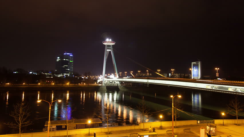 Night traffic on the bridge across the Dunai in Bratislava, Slovakia

