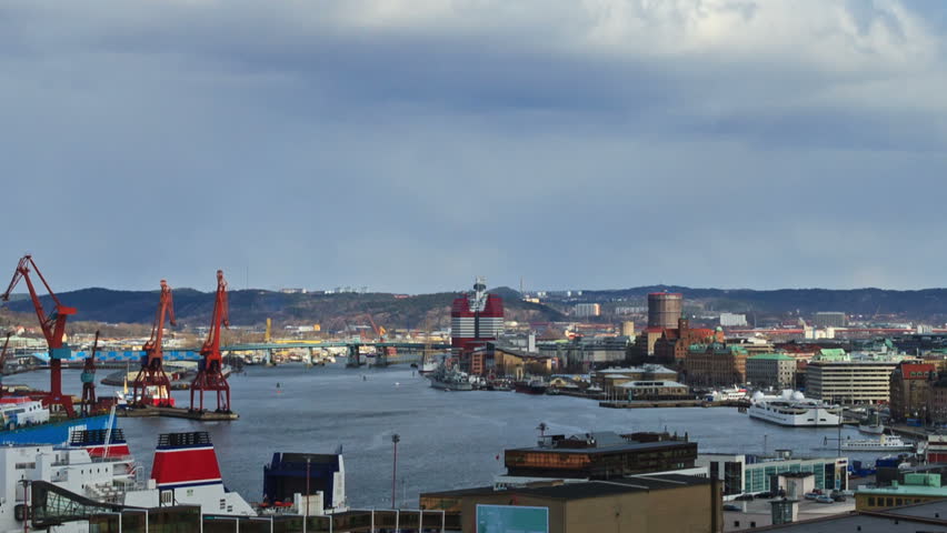 Clouds over the port. Ship sails