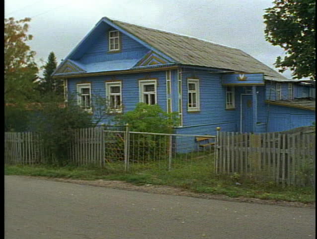 Russia, Peasant Village, blue house, medium shot, tilt up