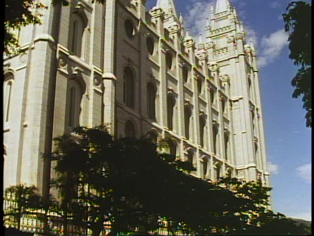 The Mormon Temple, side angle view, wide shot, Temple Square, Salt Lake City, Utah