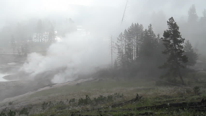 Early morning sun tries to penetrate the fog of a smoking landscape created by goethermal activity and early morning fog in Yellowstone Park, Wyoming.