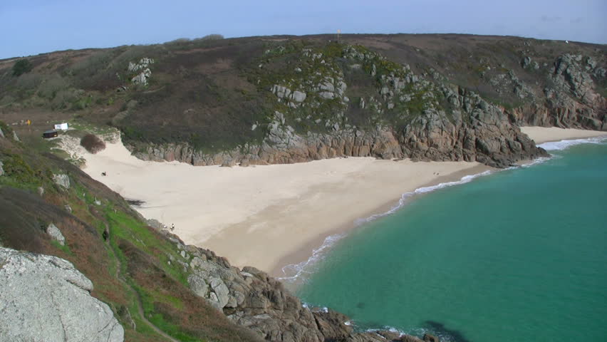 Porthcurno beach, in Cornwall UK, from high above on the cliff path.