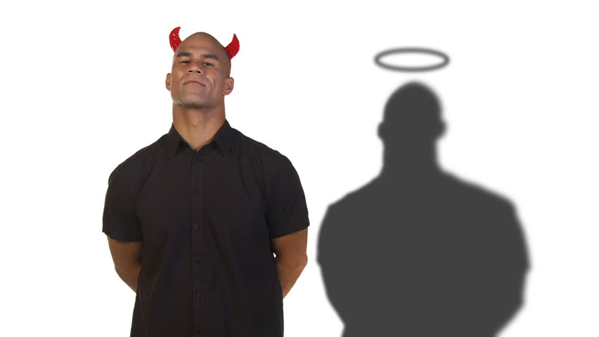 Evil man with red horns has a good inner self, revealed by his shadow with a halo.