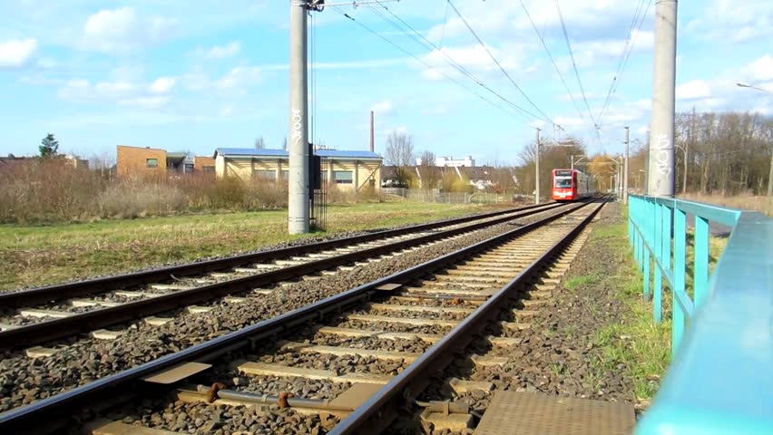 Cologne - circa april 2013 - Modern painted tram ( Line 7 ) runs on the newly-built railway line between Cologne and ZÃ¼ndorf in april 2013.