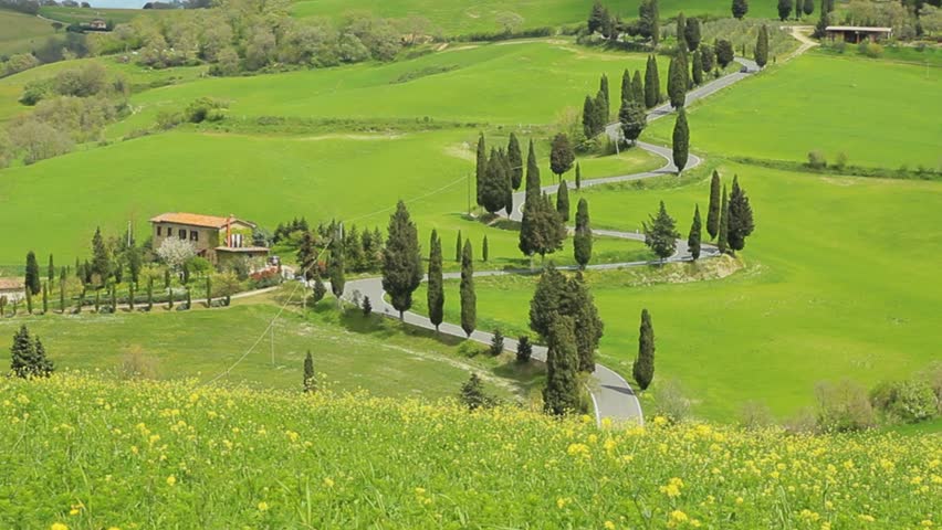 winding road with cypresses beside in tuscany val d'orcia montepulciano crane shot