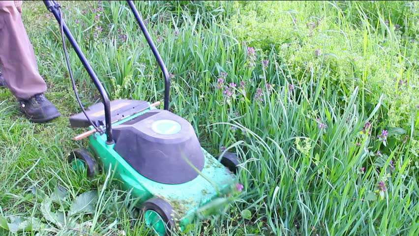 Mowing the lawn ; Gardener mowing the lawn with electric lawnmower,video clip