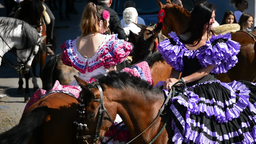 Almayate, Malaga, Spain - 5 April 2013.- Girls Riders on Andalusian pilgrimage or romeria, Spain.
