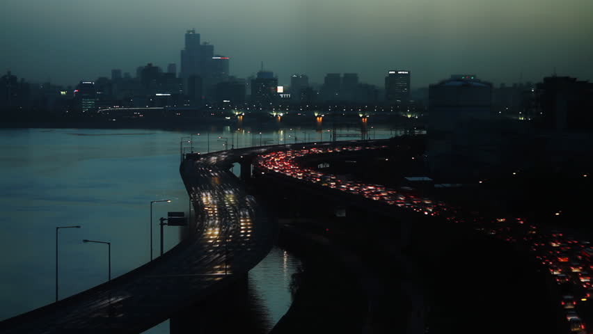 Night  traffic  jam on a freeway in Seoul, Korea / time-lapse  