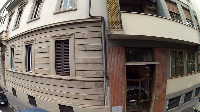 Building facades on the residential street in Florence, Italy, Europe. Fish eye lens, go pro hero.