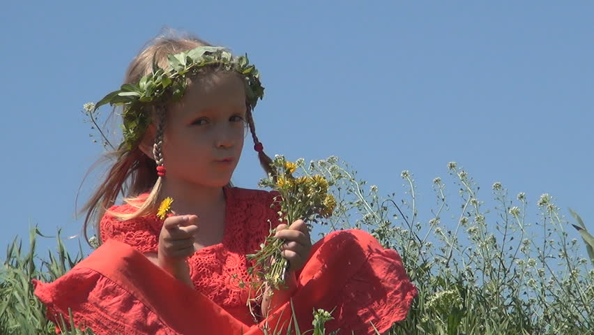 Child with Willow Wreath Playing with Flowers on a Filed, Meadow, Children