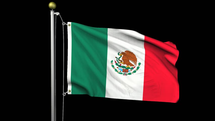 Seamless looping high definition video of the Mexican flag waving on a flag pole with luma matte included.  Flag has an accurate design and a detailed fabric texture with partial transparency.
