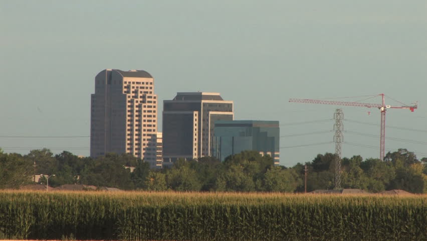 Closeup of Sacramento Skyline pullback to reveal ag land
