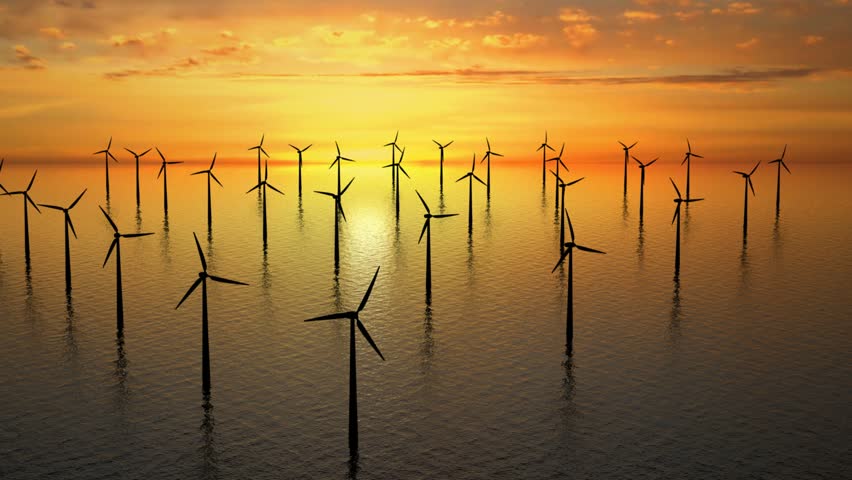 Wind farm near Denmark at sunset on sea - high definition footage.