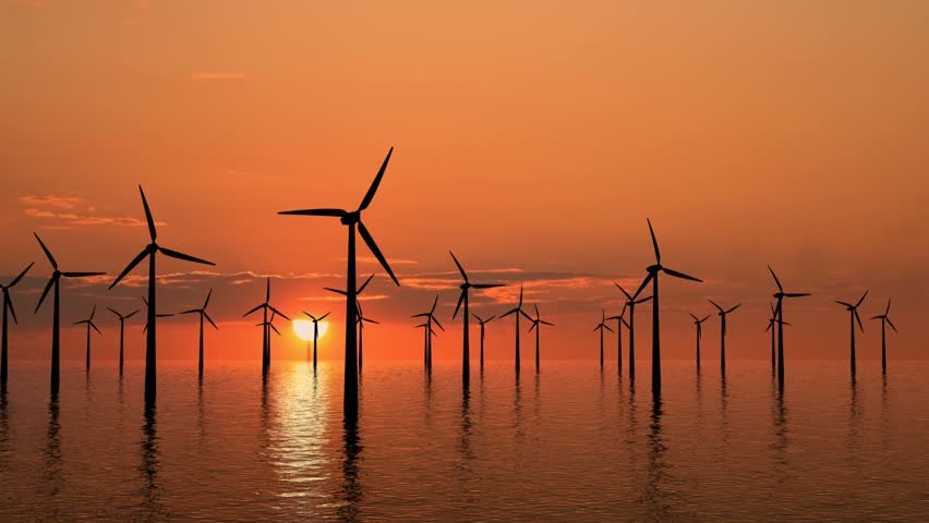 Wind farm at sunset on sea - high definition footage.