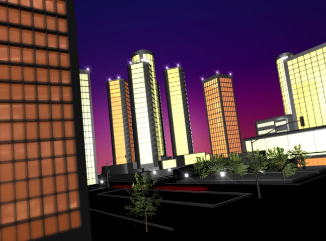Street scene fly through at dusk. Cartoony stylised effect. Car light streaks visible. Cityscape. Note preview appears darker than actual footage. NTSC. HD Version available