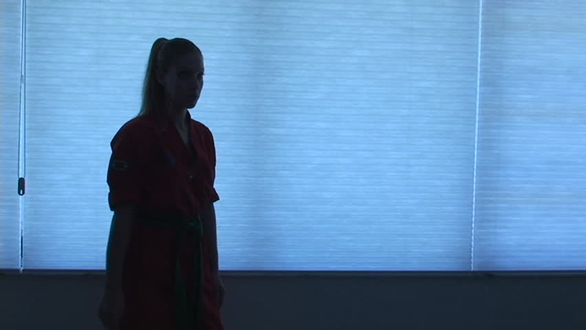 Silhouette of young woman practicing Karate