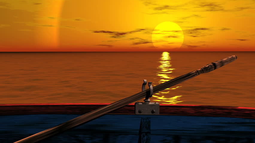 Seamless loop seen from in rowboat against red and yellow ocean and sky scape.