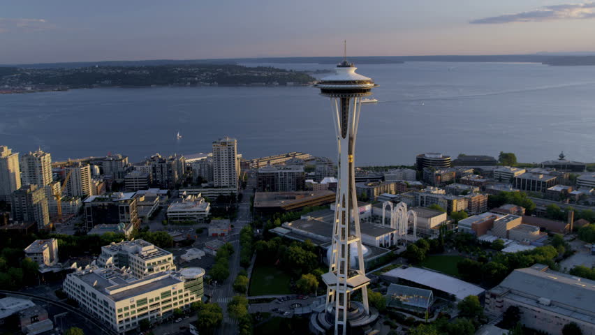 Seattle - July 2013: Aerial view at sunset Seattle Space Needle Elliot Bay, Puget Sound, Washington State, Pacific Northwest, USA, RED EPIC, 4K, UHD, Ultra HD resolution