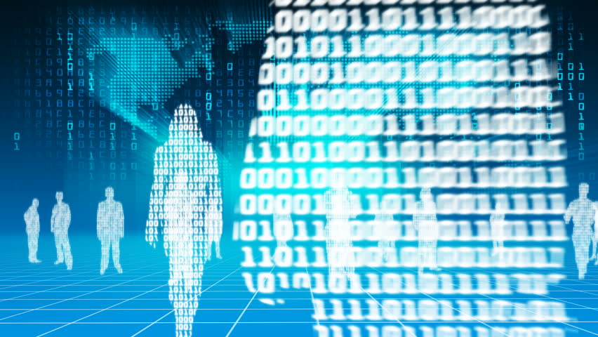 Camera zooms into laptop as it shows binary people