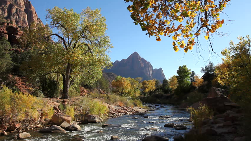 Classic Zion Canyon view of the Watchman mountain and Virgin river in fall colors.