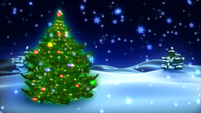 The fur-tree decorated with New Year's toys rotates against a night winter landscape 