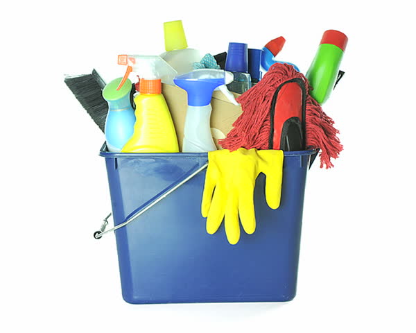 bucket of cleaning products rotating on a turntable