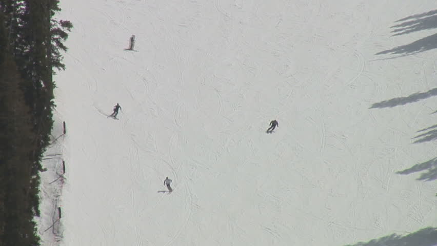 Aerial shot of snow skiers on high-elevation Arapahoe Basin 