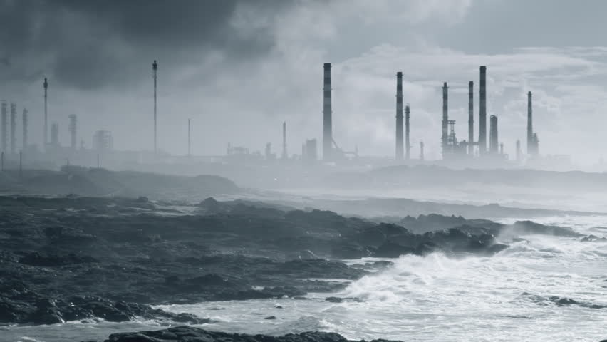 Ecological disaster with plant at the shore of sea 