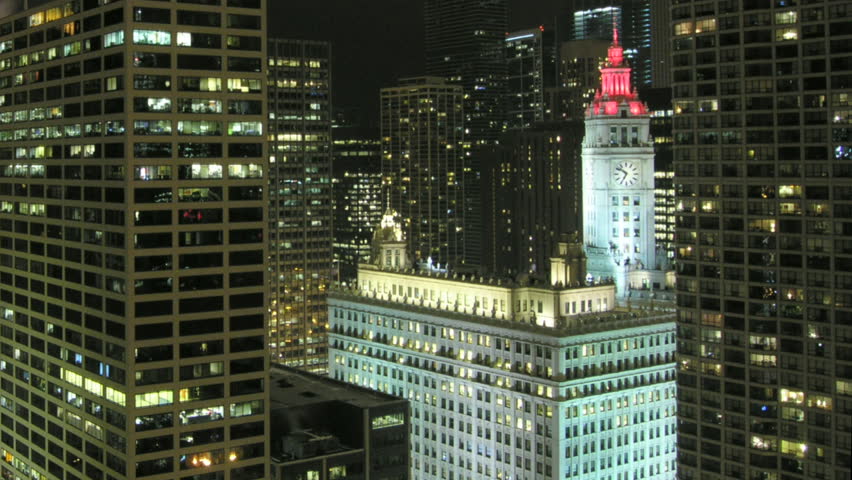 Chicago night time-lapse with clock-tower