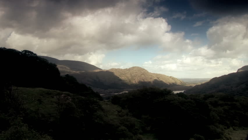 Fast moving clouds over the Irish hillside. Time lapse daytime