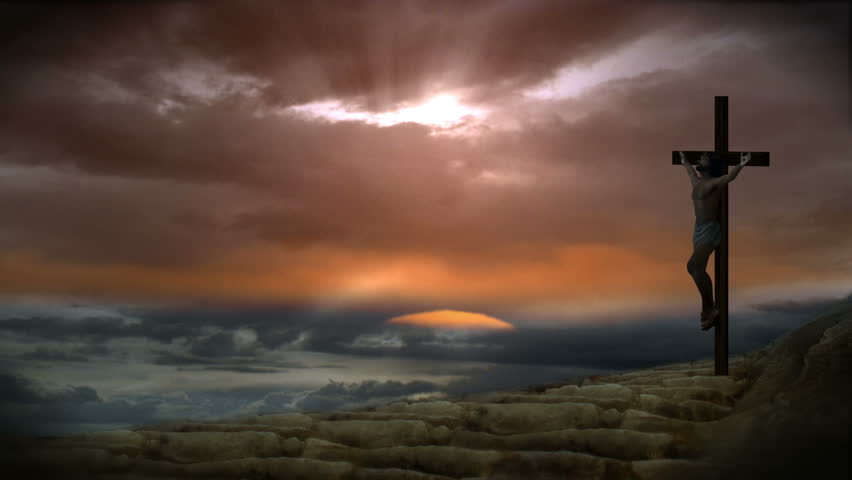 Christ on the cross with a majestic sky.