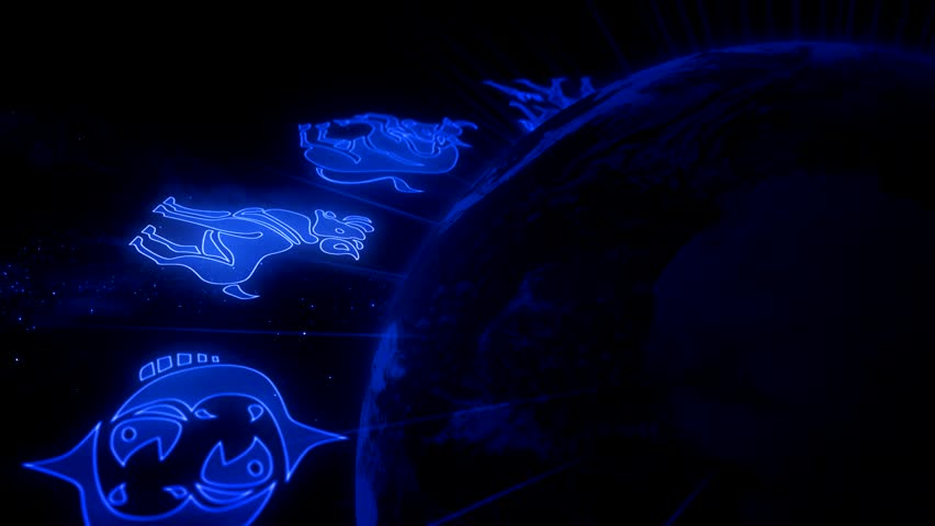 High Quality Seamless animation of Zodiac Wheel rotating on earth globe.