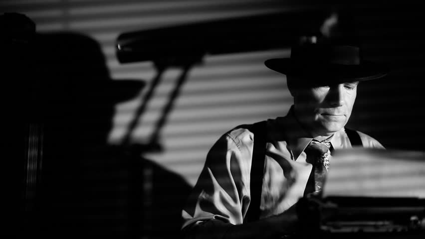 A man in a fedora, typing on a vintage manual typewriter. Film Noir style lighting