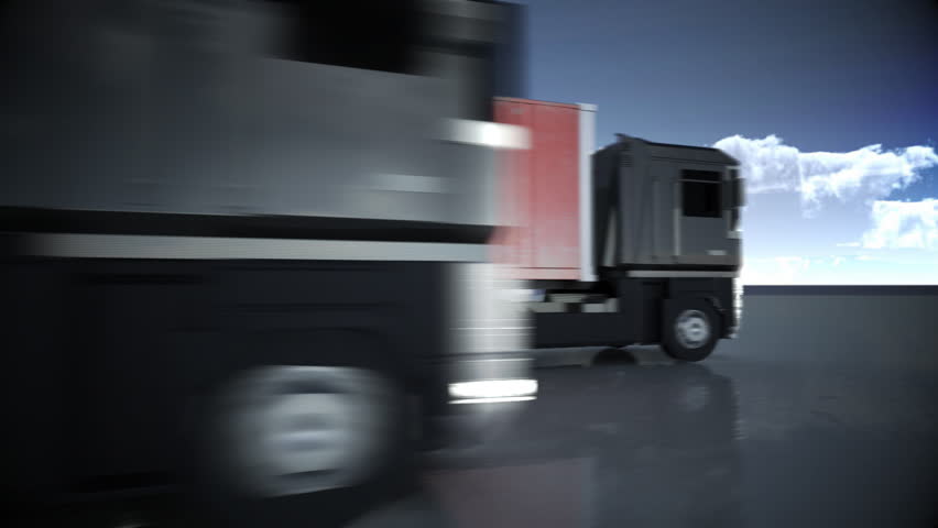 articulated lorry truck driving past with shipping container  with matte for easy compositing into your own scenes