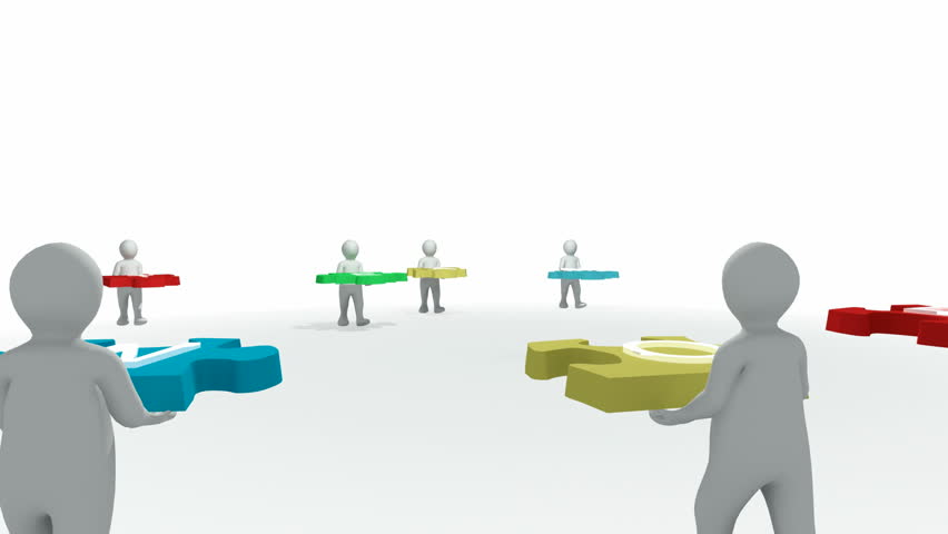 Computer animation showing 3d man with "team work" puzzle