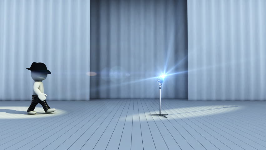 3d cartoon superstar at show or concert. Human going on stage and make performance with light and microphone